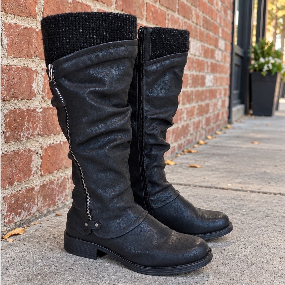 Muk Luks Womens Bianca Black Slouch Tall Boots Knit Cuff Size 8 Zipper Mid Calf